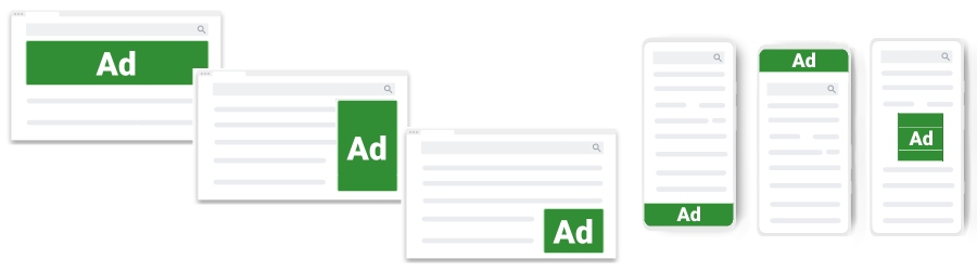 さまざまなビューポート サイズのデバイスのイラスト。広告プレースメントは緑色のボックスで表示され、それぞれに「広告」と表示されています。