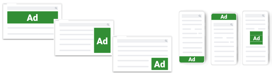 Una ilustración de dispositivos con diferentes tamaños de viewport, con posiciones de anuncios estilizadas como cuadros verdes, y cada una dice &quot;Anuncio&quot;.