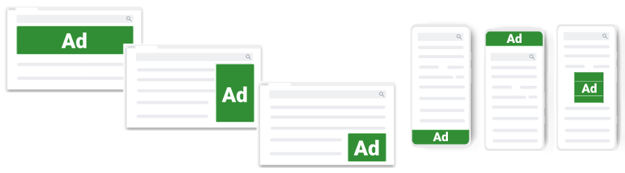 Hình minh hoạ các thiết bị có kích thước khung nhìn khác nhau, với vị trí đặt quảng cáo được tạo kiểu dưới dạng hộp màu xanh lục, mỗi hộp đều có dòng chữ "Quảng cáo".