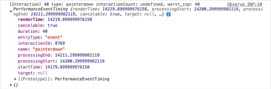 A screenshot of the console logging that the Web Vitals extension provides for interactions. The logging contains details such timings and other contextual information.