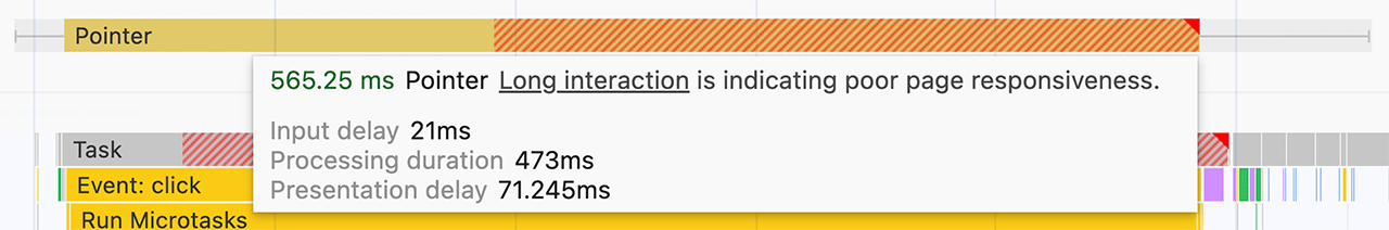 Una información sobre herramientas flotante para una interacción, como se muestra en el panel de rendimiento de Chrome DevTools. La información sobre la herramienta muestra cuánto tiempo se dedicó a la interacción y en qué parte, incluidos el retraso de entrada de la interacción, la duración del procesamiento y el retraso en la presentación.