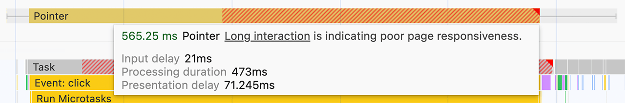 Tooltip arahkan kursor untuk interaksi seperti yang ditampilkan di panel performa Chrome DevTools. Tooltip menunjukkan jumlah waktu yang dihabiskan dalam interaksi, dan di bagian mana, termasuk penundaan input interaksi, durasi pemrosesan, dan penundaan presentasi.