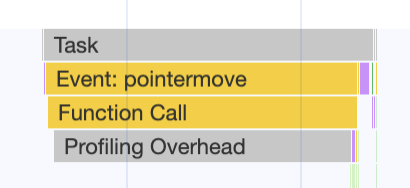 Rekaman aktivitas performa di panel performa Chrome yang menampilkan tugas dengan peristiwa pointermove dan panggilan fungsi, tetapi sebagian besar panggilan fungsi digunakan dengan Profiling Overhead