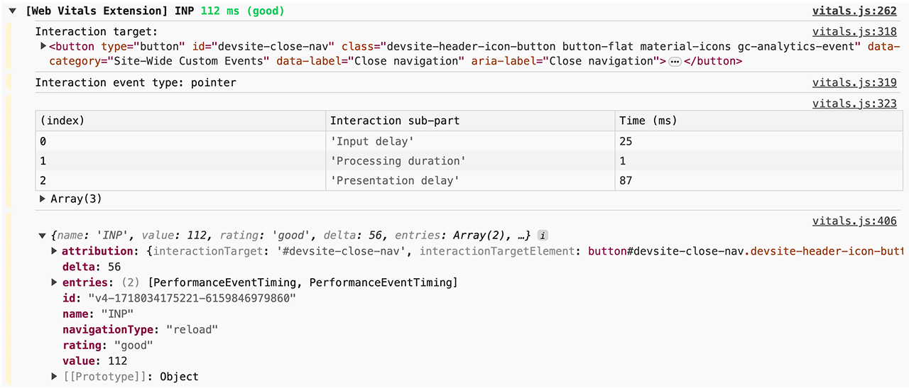 Como os registros de INP da extensão Web Vitals aparecem no console do Chrome DevTools. O registro detalhado, incluindo qual parte da interação demorou mais está disponível, bem como dados de atribuição detalhados de várias APIs de desempenho.