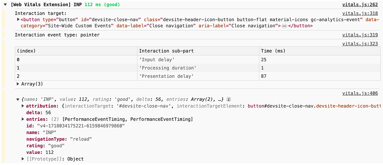 How logs for INP from the Web Vitals extension appear in the console for Chrome DevTools. Detailed logging including which part of the interaction took longest is available, as well as detailed attribution data from various performance APIs.