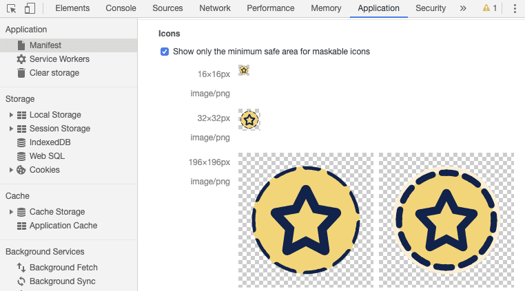 Painel &quot;Applications&quot; no DevTools exibindo ícones do PWA com bordas cortadas