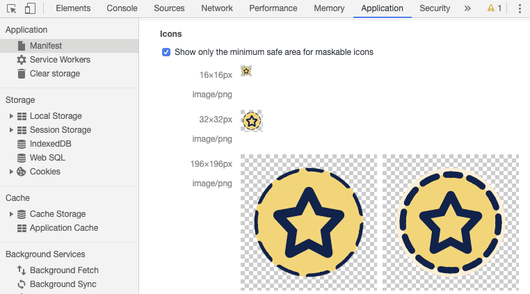 لوحة التطبيقات في "أدوات مطوّري البرامج" تعرض رموز تطبيقات الويب التقدّمية مع اقتصاص الحواف
