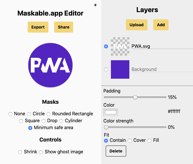 Captura de tela do editor Maskable.app