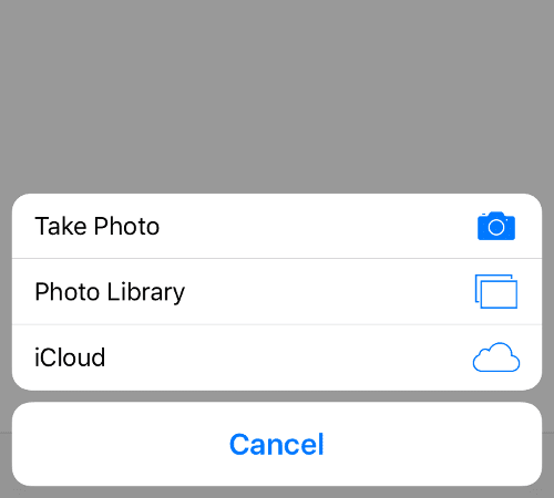 Um menu do iOS com três opções: tirar foto, biblioteca de fotos e iCloud