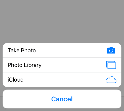 세 가지 옵션이 있는 iOS 메뉴(사진 찍기, 사진 라이브러리, iCloud)