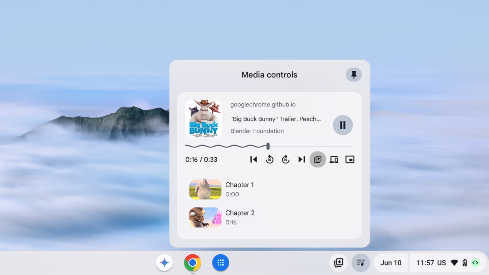 Informações de capítulos exibidas em uma notificação de mídia do ChromeOS.