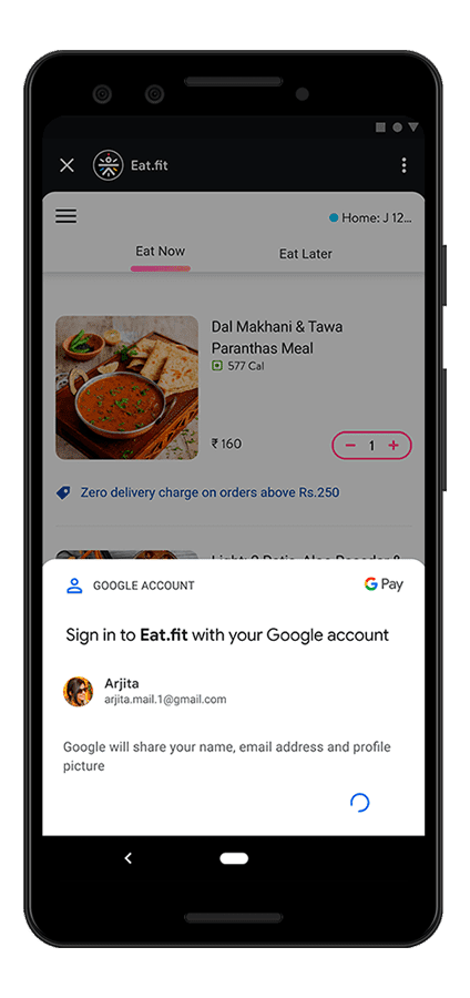 Мини-приложение Eat.fit, работающее в суперприложении Google Pay, отображает нижний экран входа.