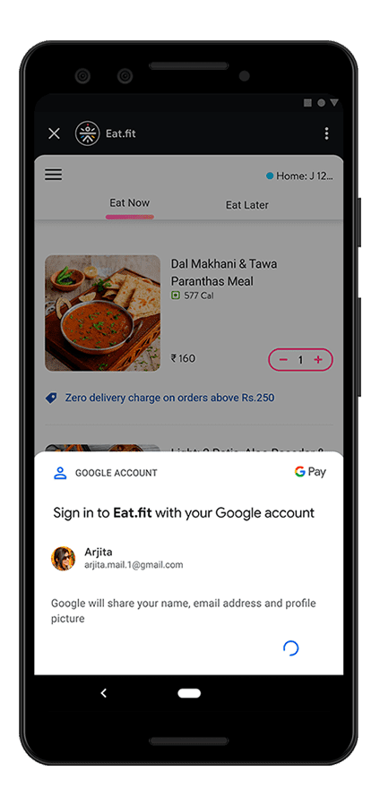 Google Pay 슈퍼 앱에서 실행 중인 Eat.fit 미니 앱으로 로그인 하단 시트가 표시되어 있습니다.