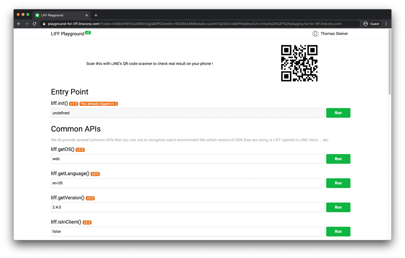 वेब ब्राउज़र में चल रहा LINE Playground का डेमो ऐप्लिकेशन, जिसमें `liff.getOS()` 'वेब' दिखा रहा है.