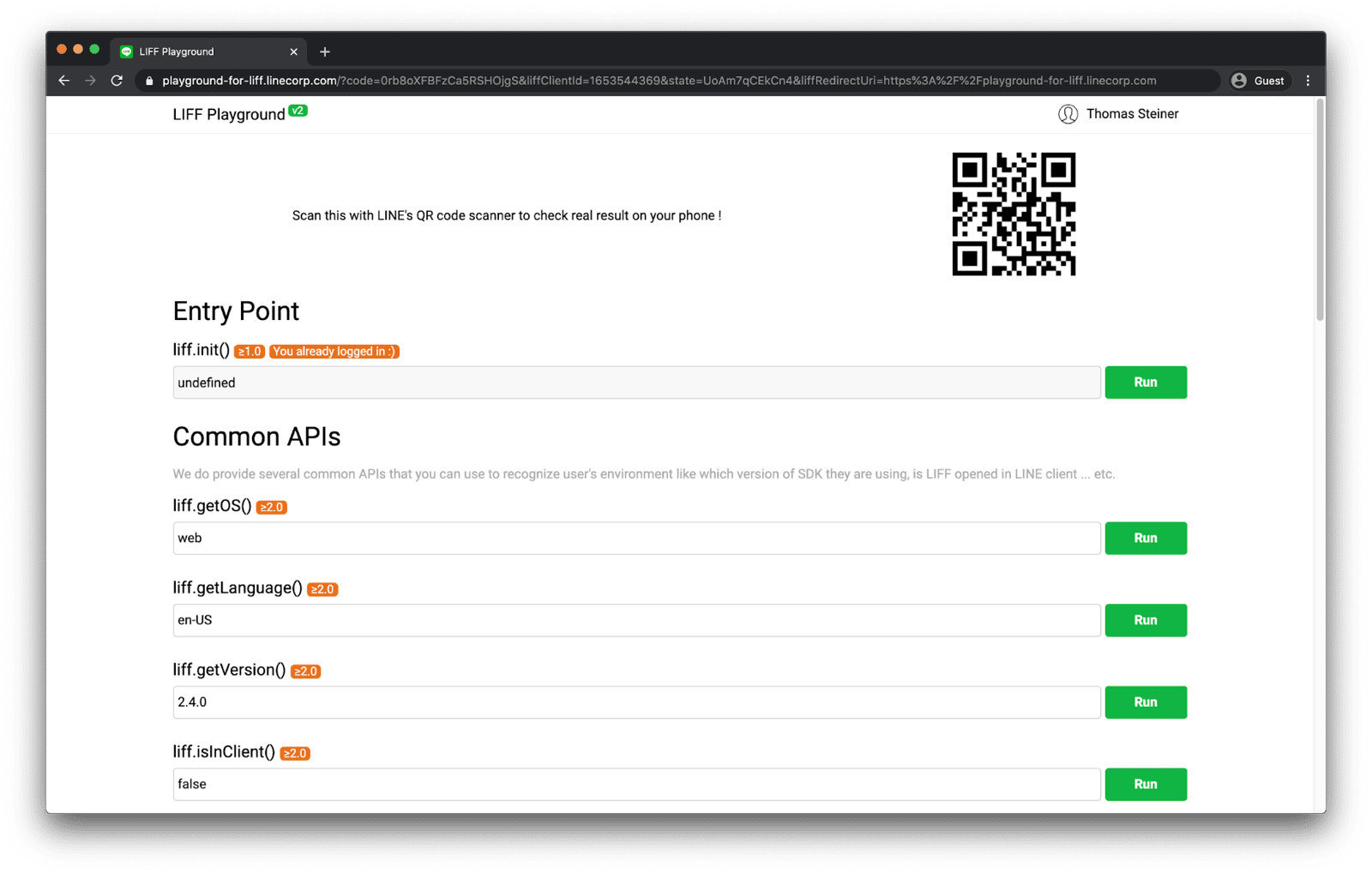 Web tarayıcısında çalışan LINE Playground demo uygulaması, &quot;liff.getOS()&quot; fonksiyonunun &quot;web&quot; sonucunu döndürdüğünü gösteriyor.