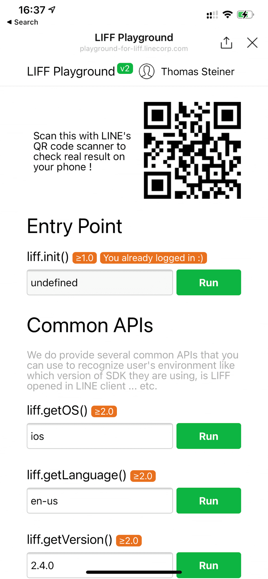 The LINE Playground demo app running on an iOS device showing `liff.getOS()` returning 'ios'.
