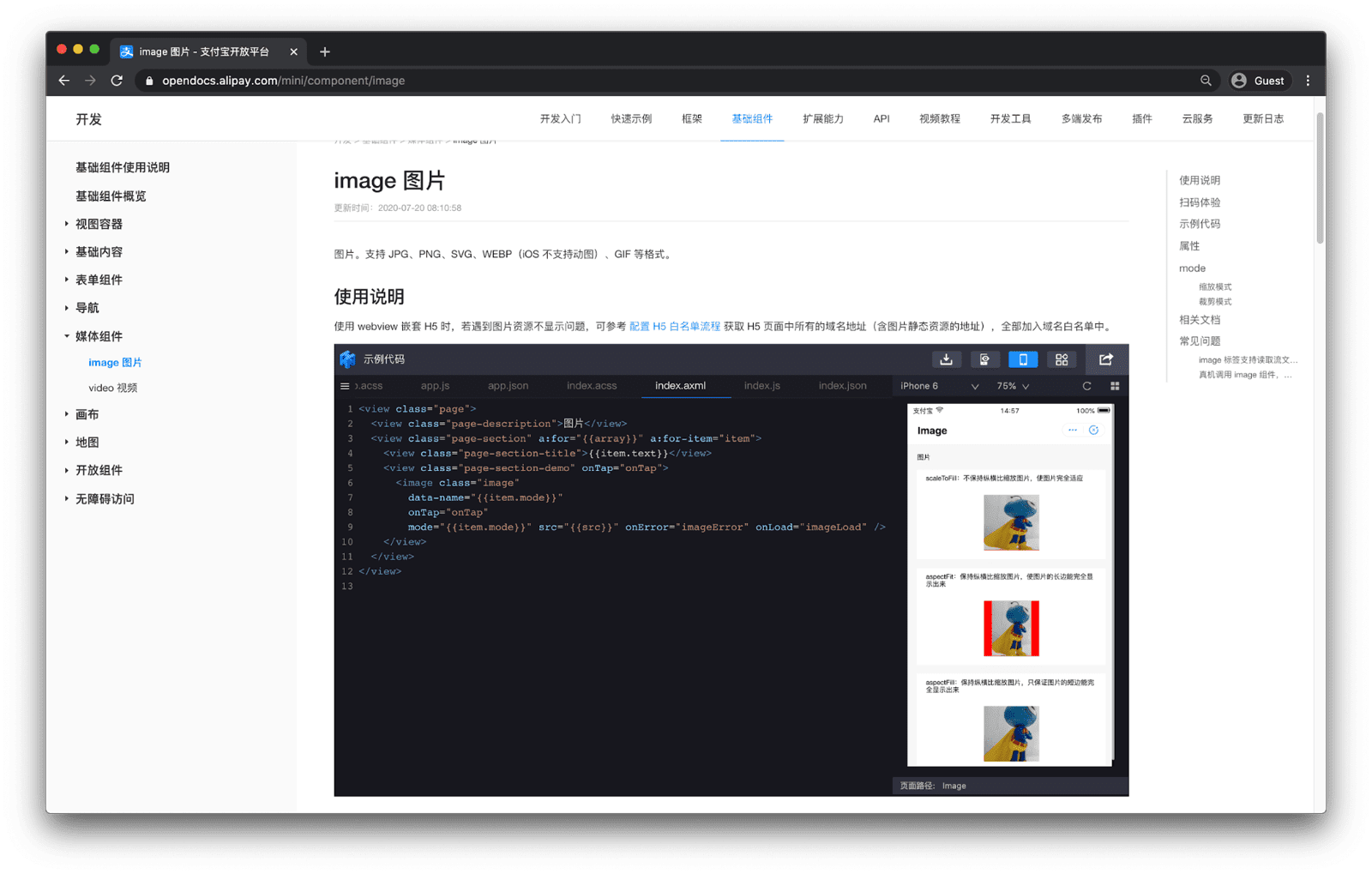 Alipay コンポーネントのドキュメント。コンポーネントのプレビューが埋め込まれている。シミュレートされた iPhone 6 でコンポーネントがレンダリングされていることを示すシミュレータを備えたコードエディタが表示されている。