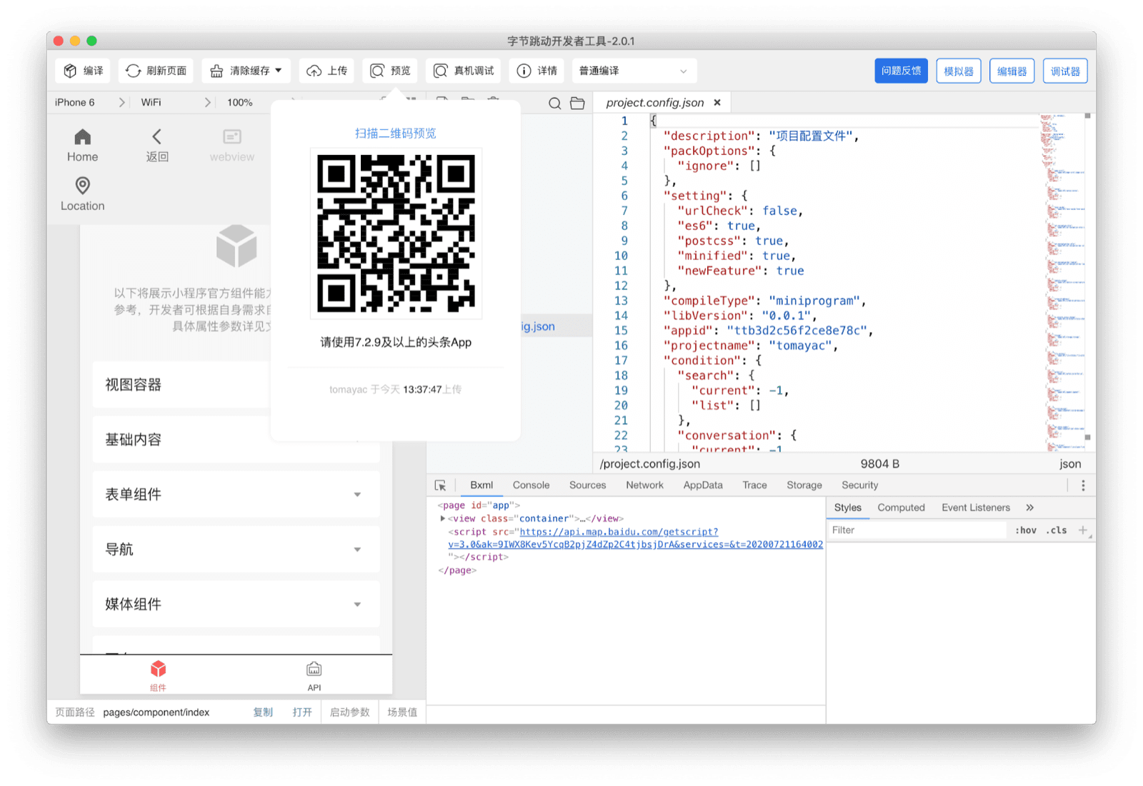 사용자가 Douyin 앱으로 스캔하여 기기에서 현재 소형 앱을 볼 수 있는 QR 코드를 보여주는 ByteDance DevTools