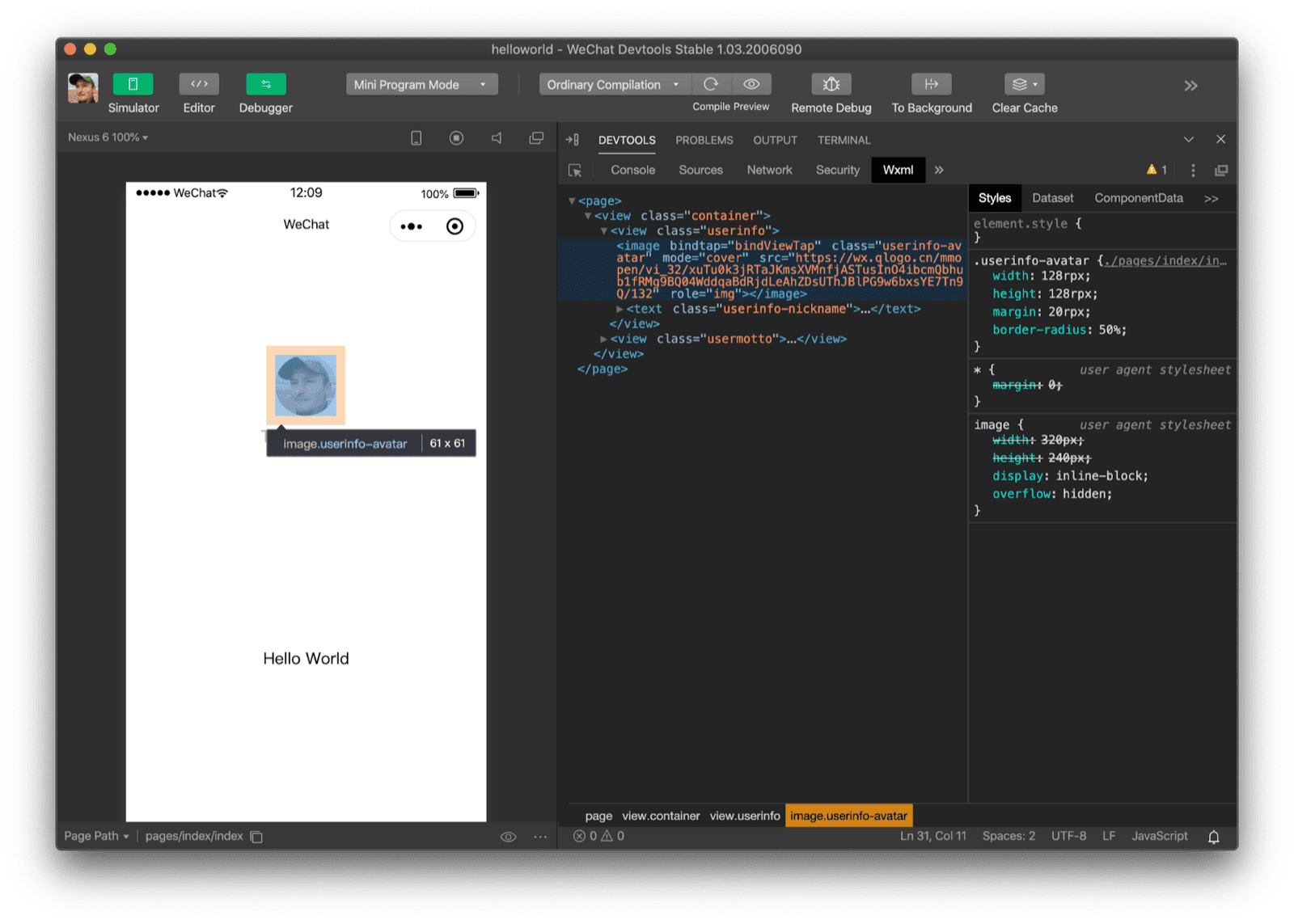 بررسی یک تصویر با پنل "Wxml" WeChat DevTools. نشان می دهد که تگ مورد استفاده یک تگ "تصویر" است.