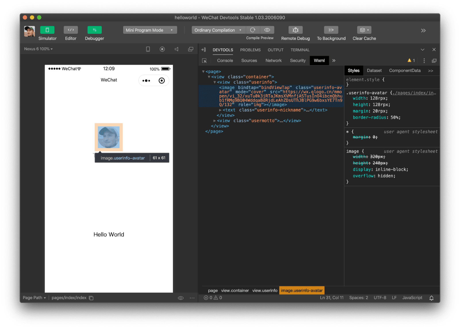 Inspección de una imagen con el panel &quot;Wxml&quot; de WeChat DevTools Muestra que la etiqueta en uso es una etiqueta &quot;image&quot;.