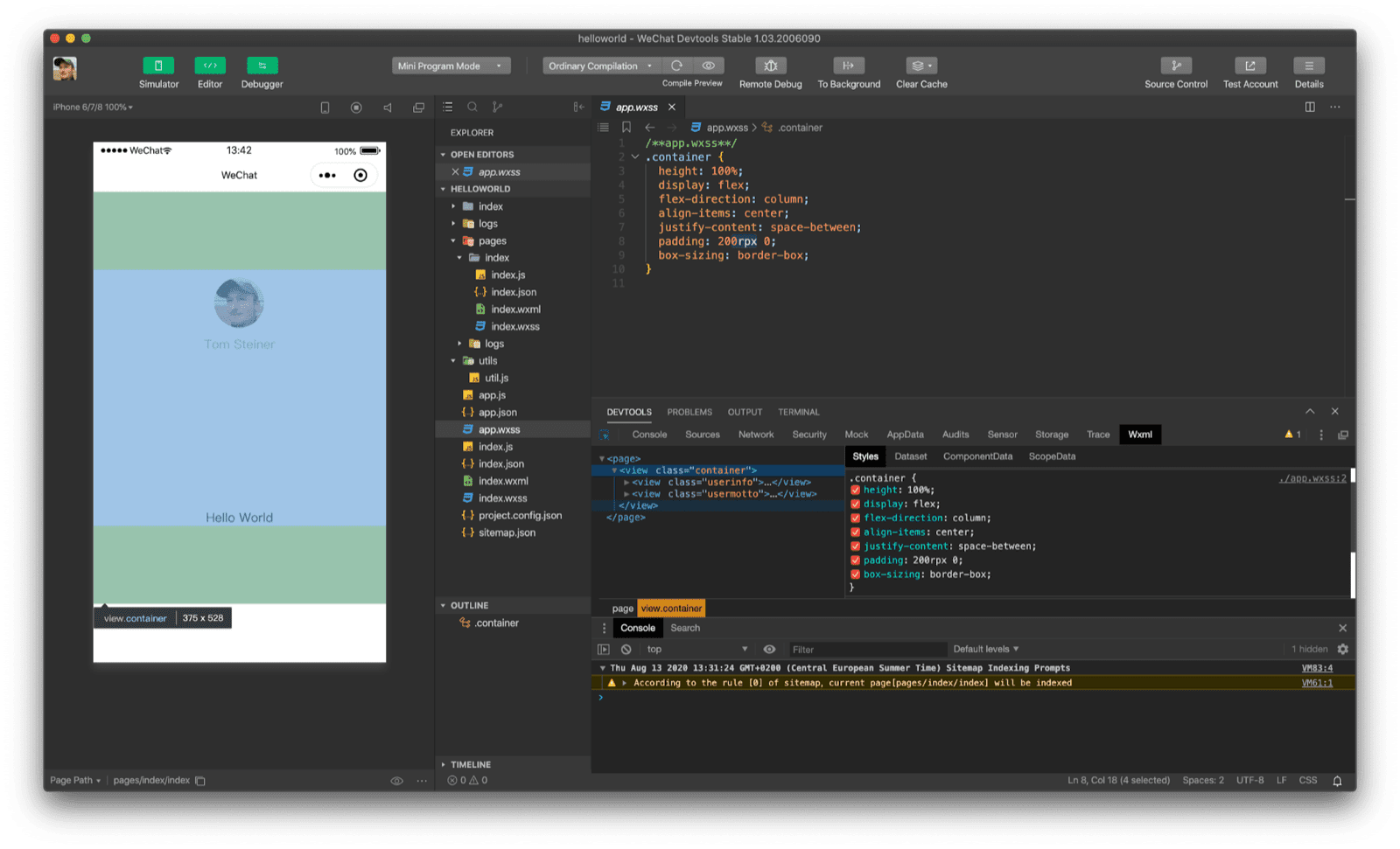 Inspecting a view with a specified top and bottom padding of `200rpx` in WeChat DevTools.