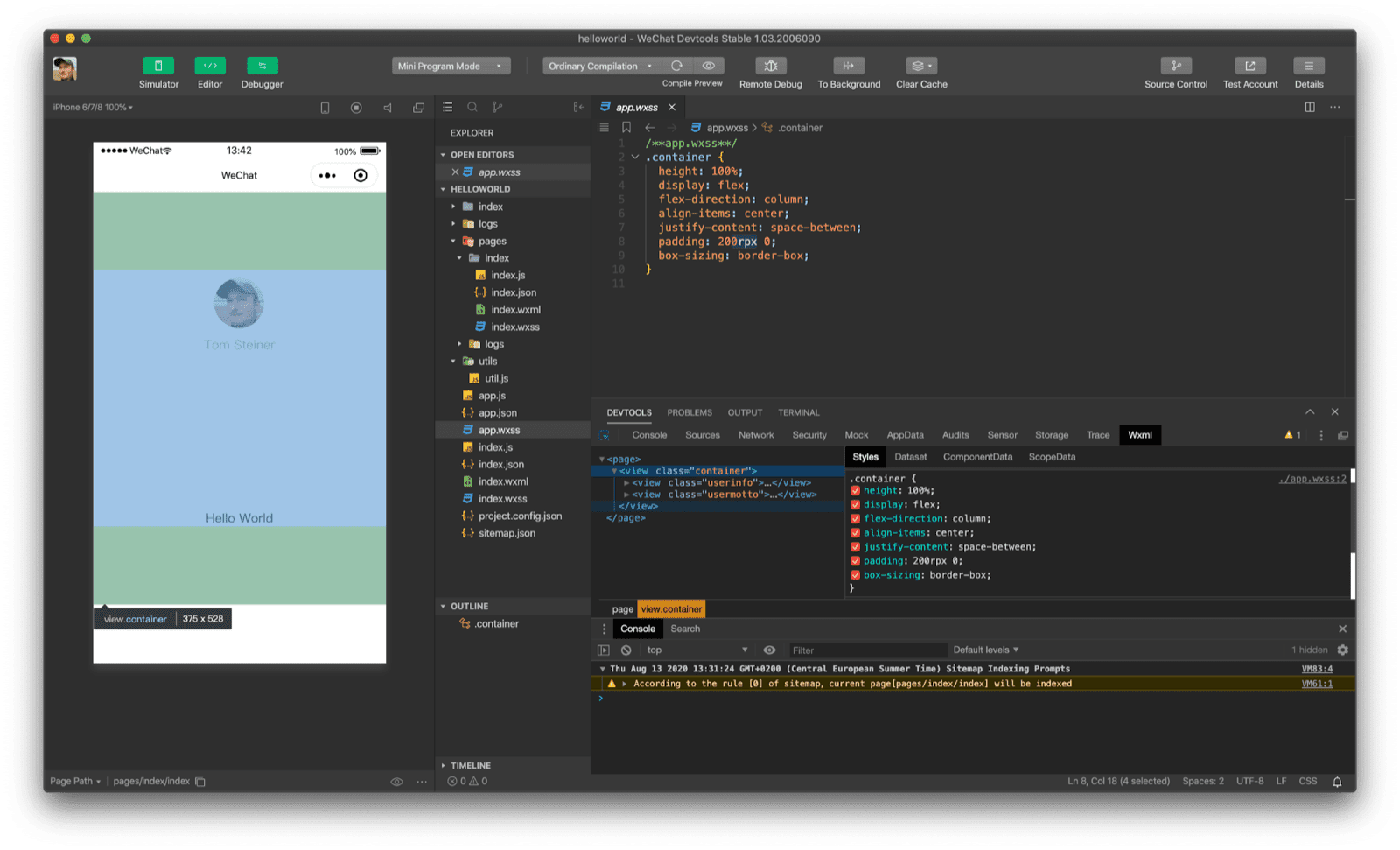 Inspection d'une vue avec une marge intérieure supérieure et inférieure de 200 rpx dans les outils de développement WeChat.