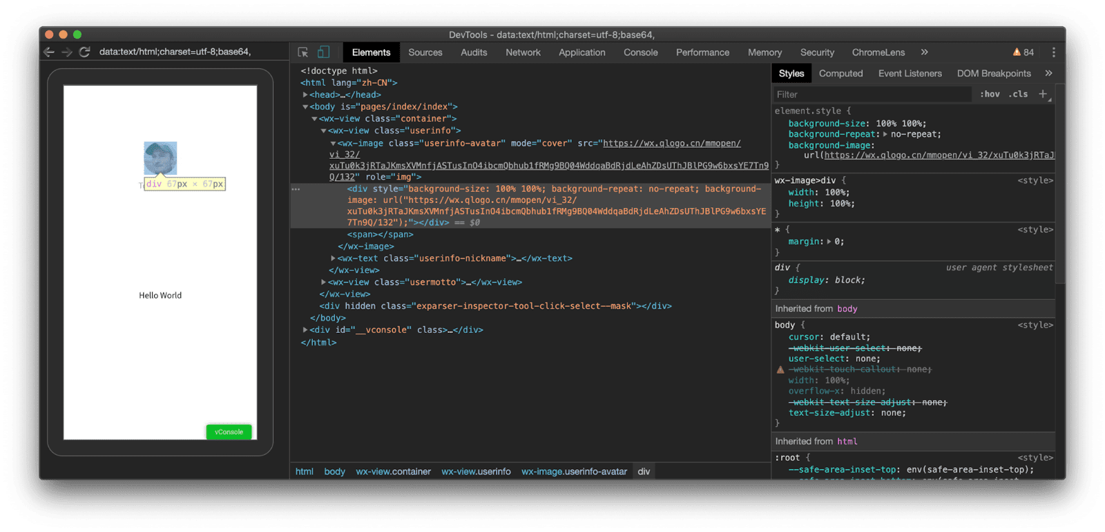 Memeriksa aplikasi mini WeChat yang berjalan di perangkat sungguhan dengan Chrome DevTools. Di mana WeChat DevTools melaporkan bahwa saya melihat tag `image`, Chrome DevTools menunjukkan bahwa saya benar-benar menangani elemen kustom `wx-image`.