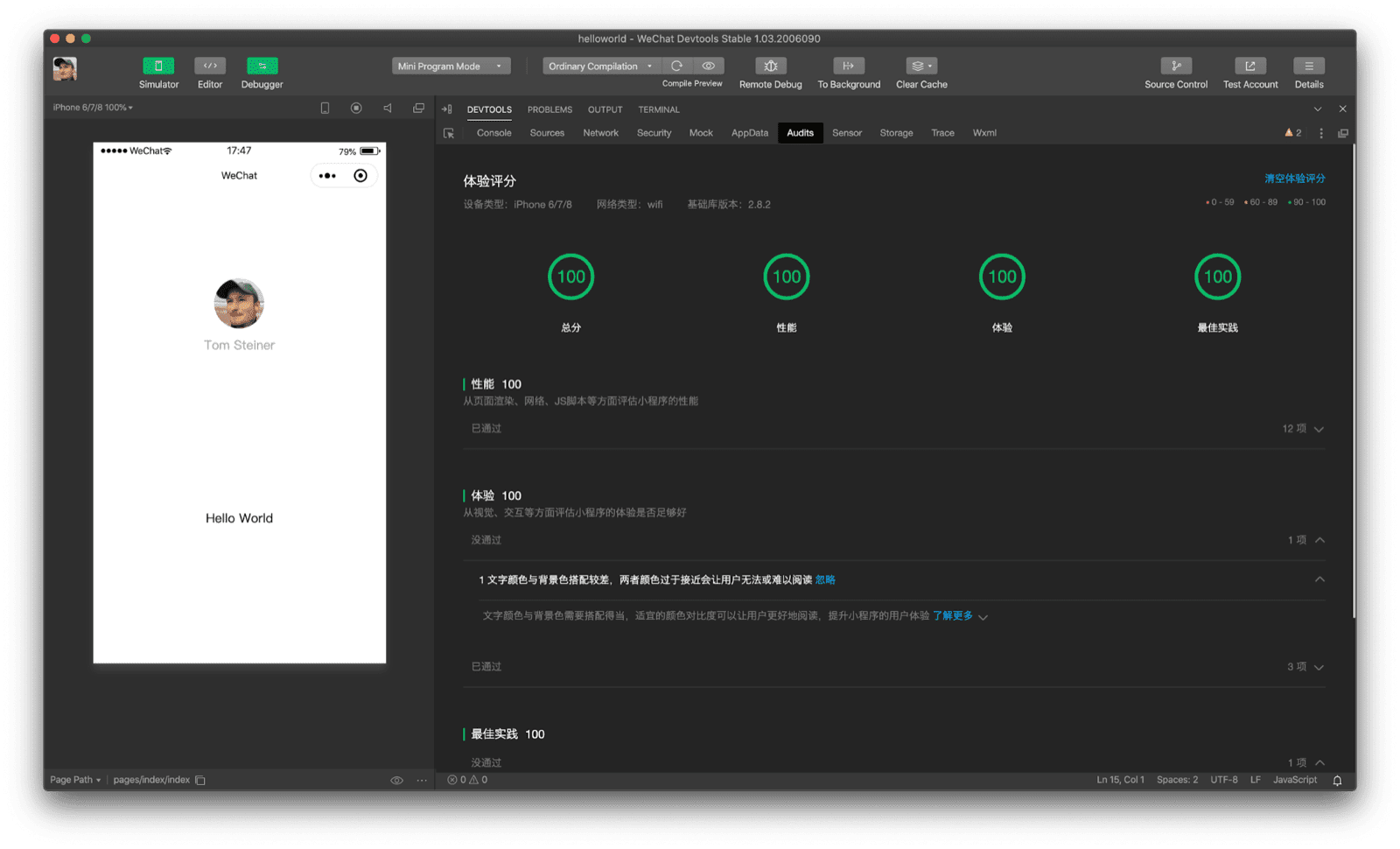 Running a performance audit with the built-in audit tool. The scores show Total, Performance, Experience, and Best Practice, each 100 out of 100 points.