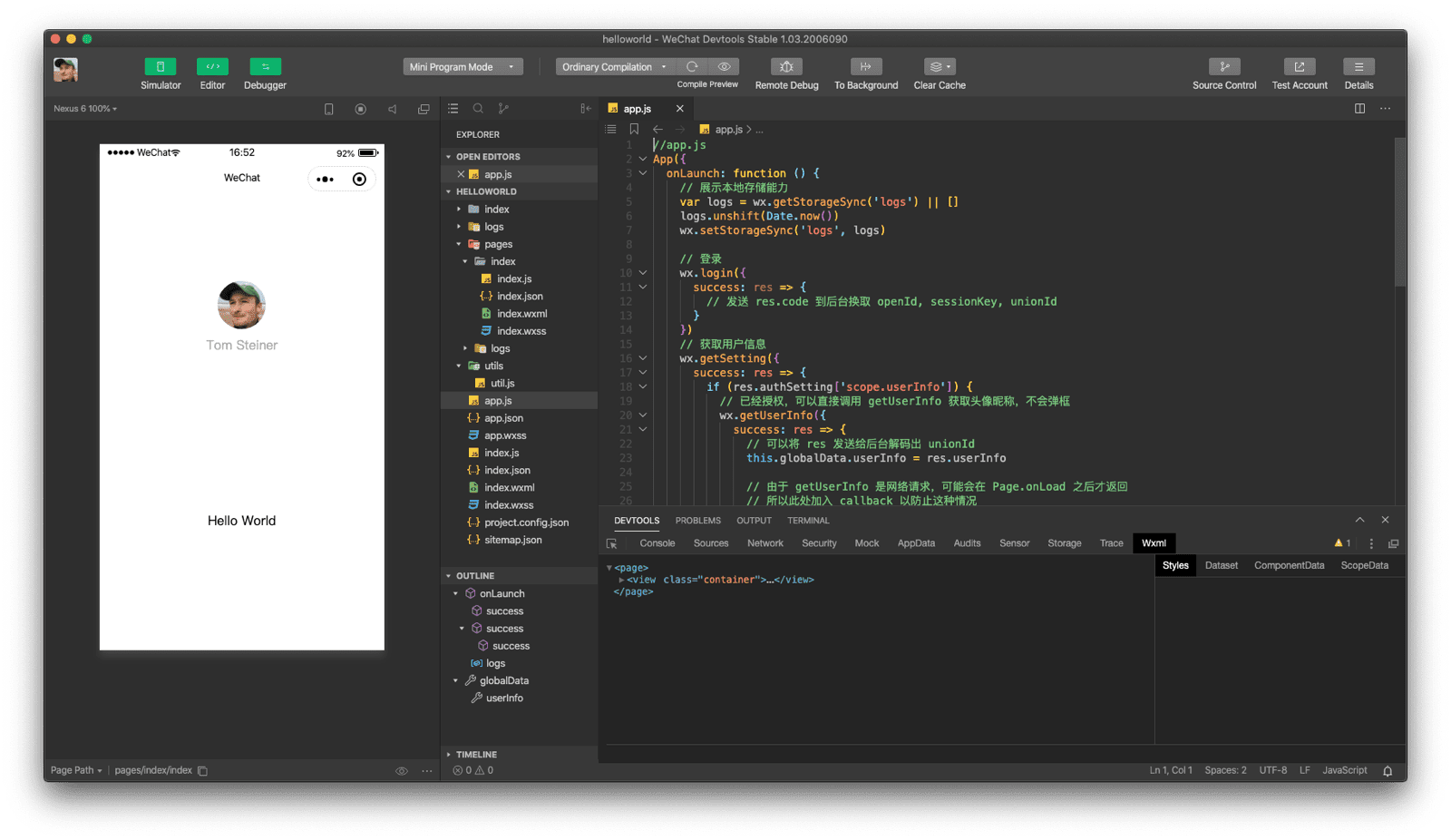 Ventana de la aplicación de WeChat DevTools que muestra el simulador, el editor de código y el depurador.