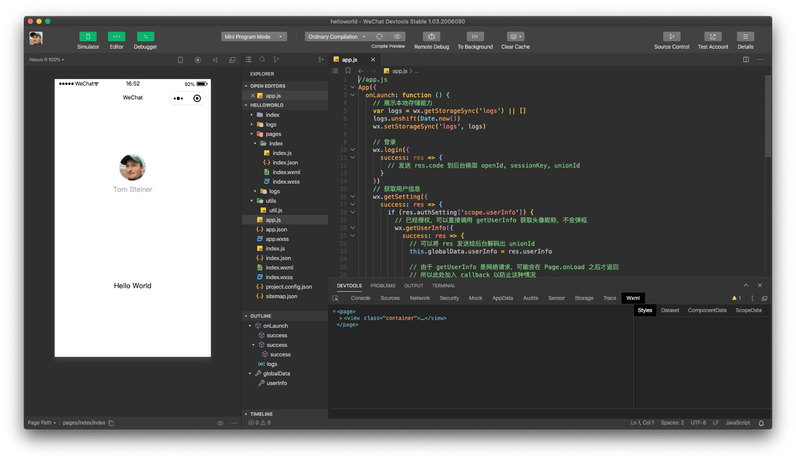 Anwendungsfenster der WeChat-Entwicklertools mit Simulator, Code-Editor und Debugger.