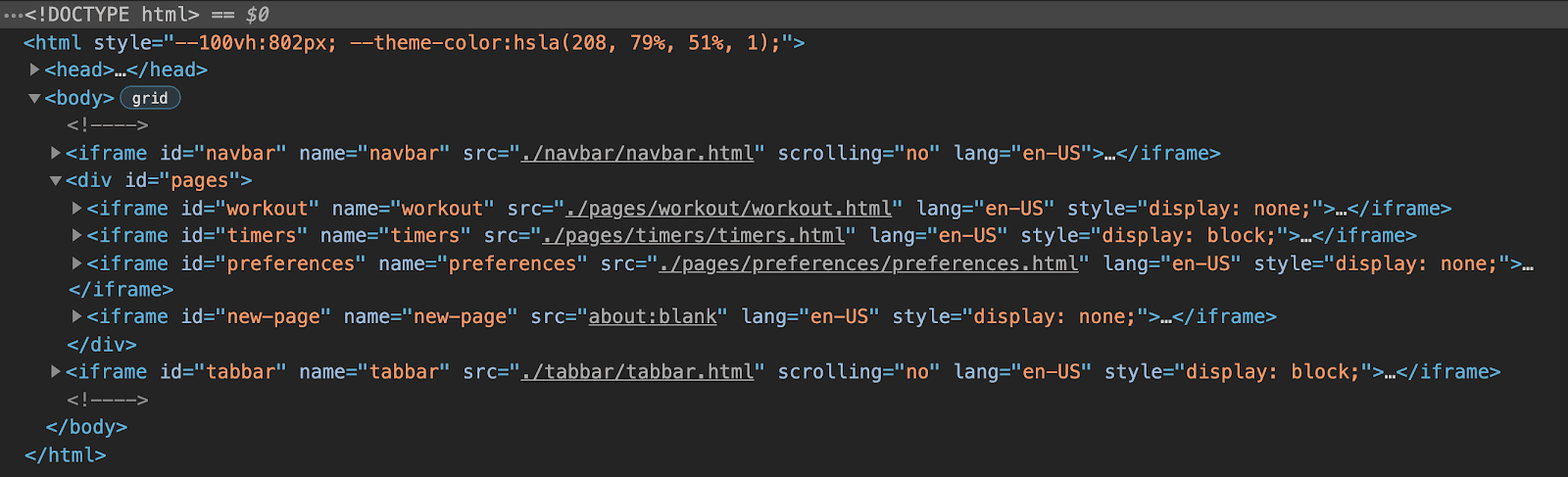 앱의 HTML 구조를 보여주는 Chrome DevTools 뷰입니다. 앱이 6개의 iframe으로 구성되어 있습니다. 하나는 탐색 메뉴용, 하나는 탭 표시줄용, 3개는 앱의 각 페이지용으로 그룹화되어 있으며, 마지막 자리표시자 iframe은 동적 페이지용입니다.