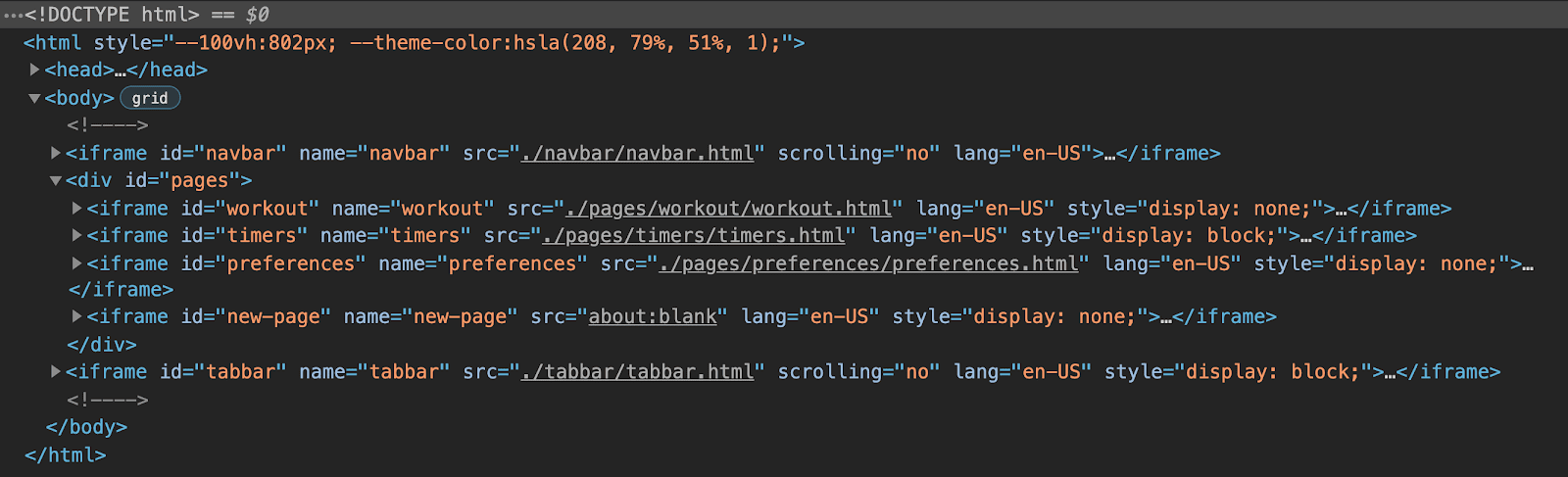 תצוגת כלי הפיתוח ל-Chrome של מבנה ה-HTML של האפליקציה מראה שהיא כוללת שישה מסגרות iframe: אחת לסרגל הניווט, אחת לשורת הכרטיסיות ושלוש מקובצות עבור כל דף באפליקציה, עם iframe סופי עבור דפים דינמיים.