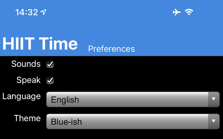 Page des préférences de l&#39;application HIIT Time affichant un formulaire sous forme de grille.