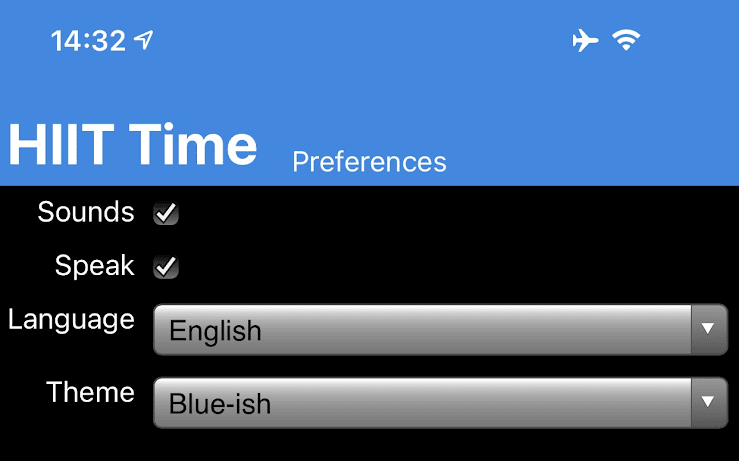 グリッド レイアウトでフォームを表示している HIIT Time アプリの設定ページ。