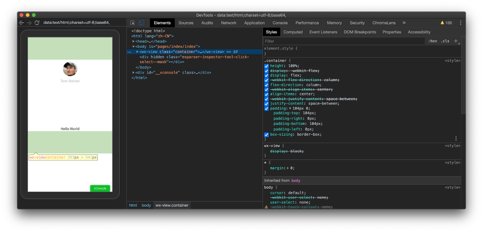 Chrome DevTools की मदद से उस व्यू की जांच करने पर जिसकी रिस्पॉन्सिव पिक्सल पैडिंग को `200rpx` के साथ तय किया गया था. इससे पता चलता है कि Pixel 3a डिवाइस पर यह असल में `104px` है.