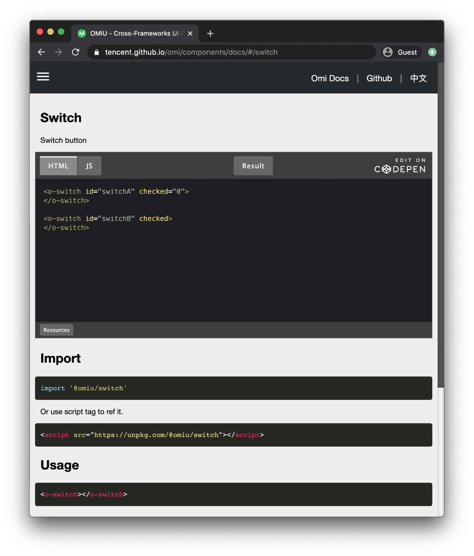 Demo del framework Omiu che mostra i componenti relativi ai moduli, ovvero gli switch.