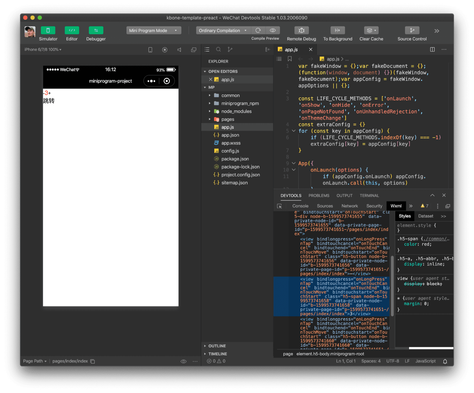 The Preact kbone template demo app opened in WeChat DevTools. Inspecting the DOM structure shows a significant overhead compared to the web app.