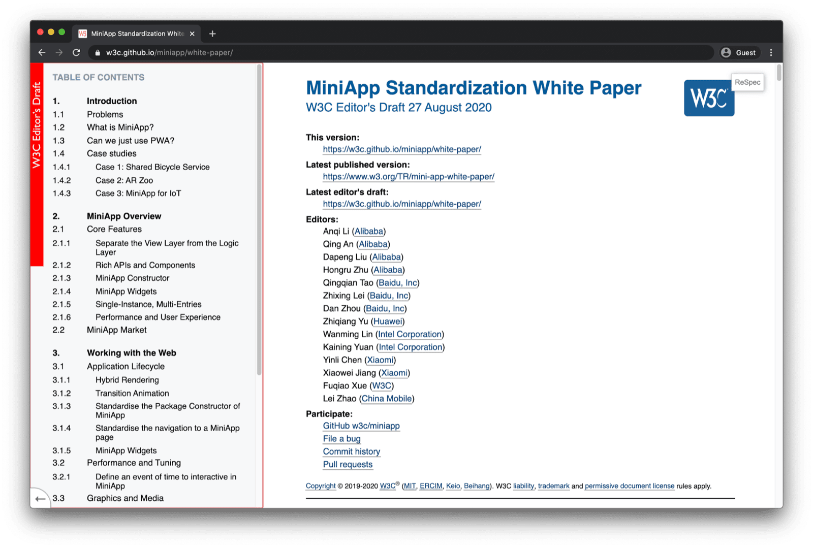 ブラウザ ウィンドウに表示された MiniApp 標準化ホワイト ペーパーのヘッダー。