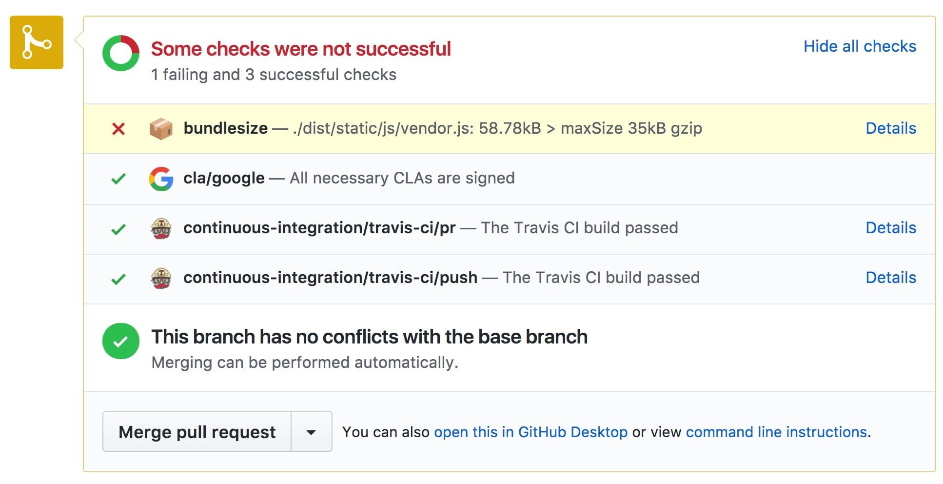Ein Screenshot des CI-Abschnitts einer Pull-Anfrage auf GitHub. Unter den CI-Tools gibt es die Bundlesize-Ausgabe.