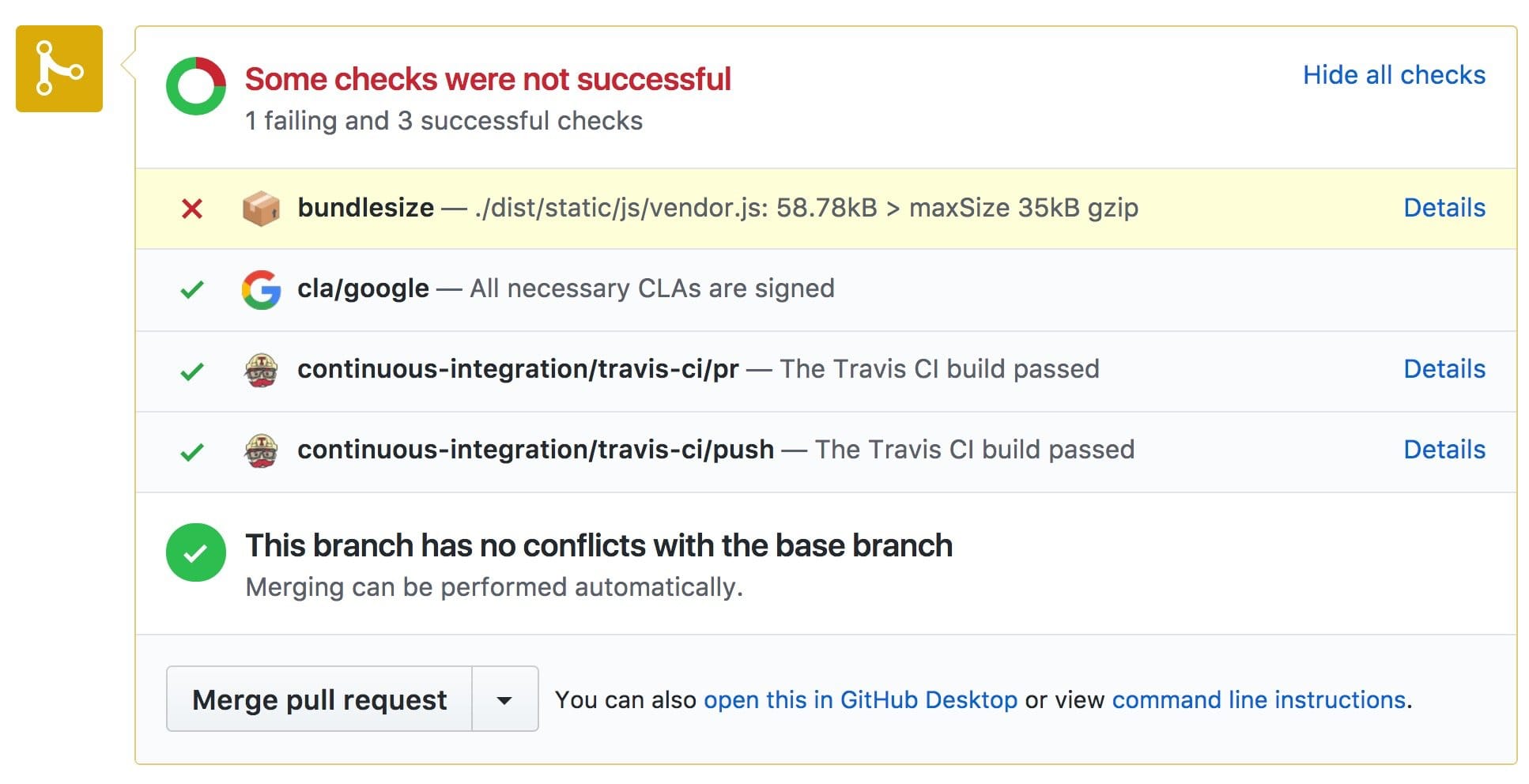 螢幕截圖：GitHub 上提取要求的「CI」部分。CI 工具中有一個 Bundlesize 輸出