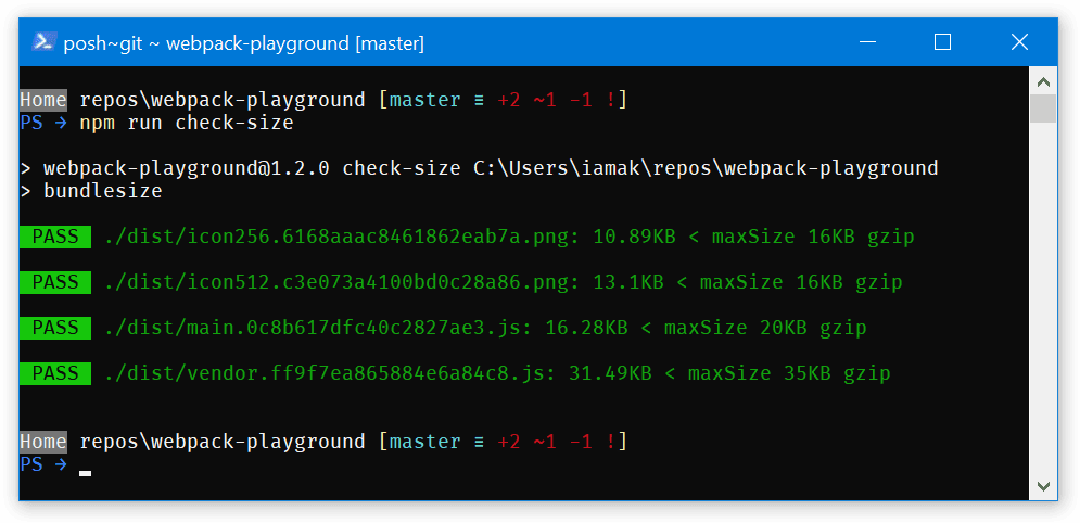 Captura de tela da saída de bundlesize. Todos os resultados
de build são marcados como &quot;Pass&quot;