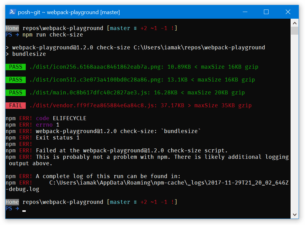 Uno screenshot dell&#39;output della dimensione del pacchetto. Alcuni risultati della build sono contrassegnati con &quot;Non superato&quot;