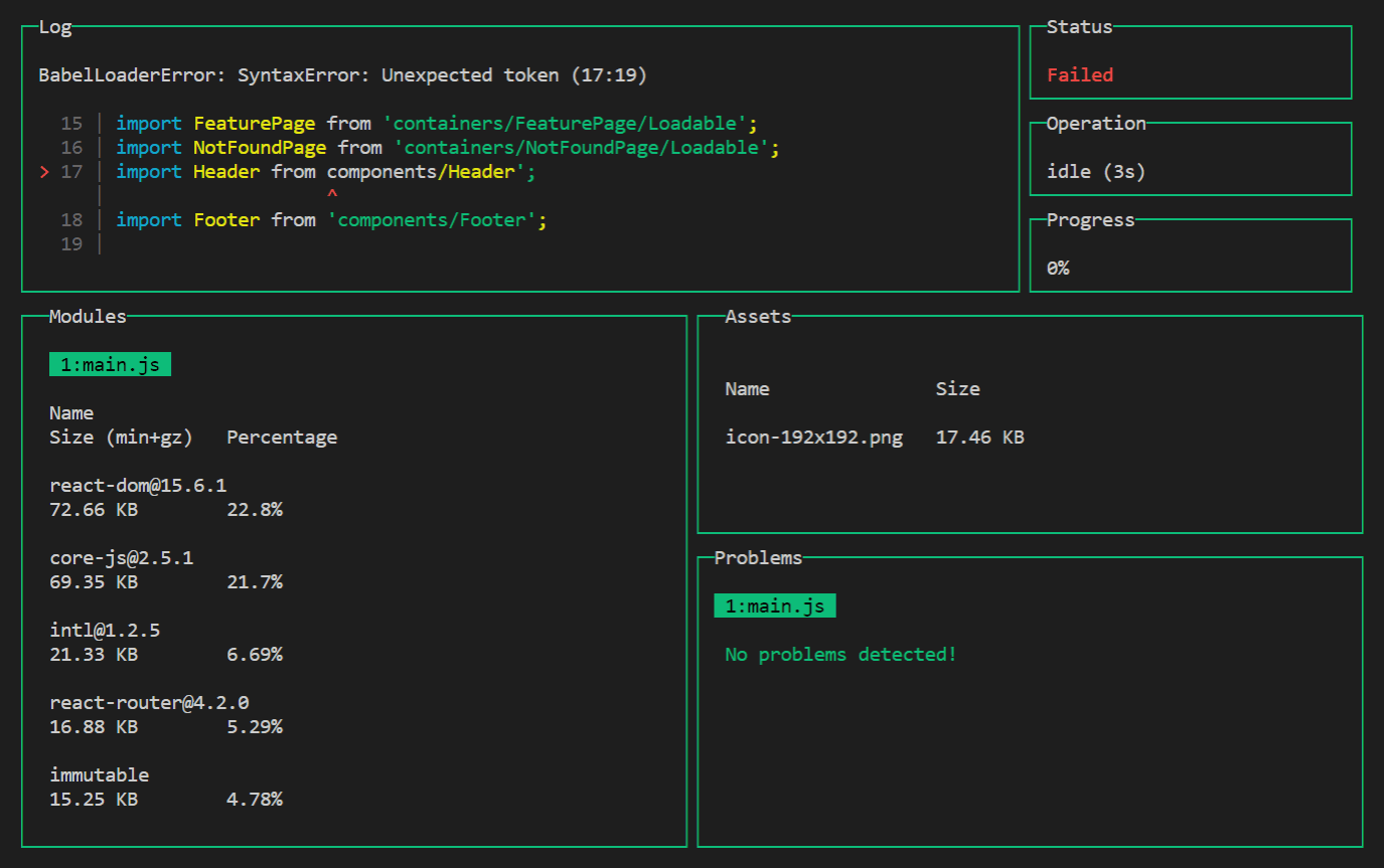 webpack-dashboard 출력의 스크린샷