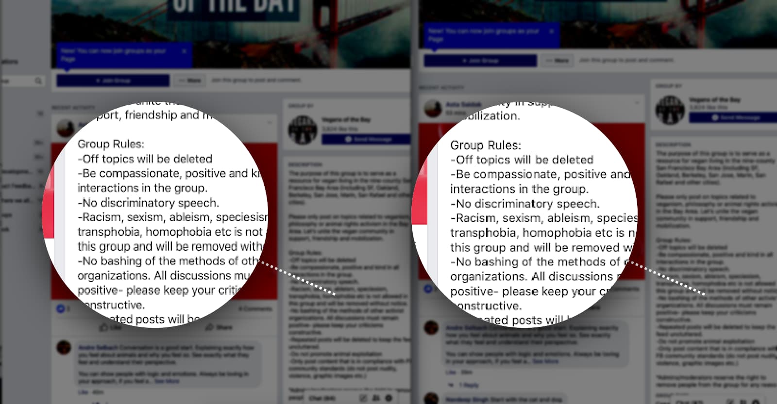 Uma comparação de dois parágrafos de uma página de grupo do Facebook. O Chrome está à esquerda e à direita o Safari. O Chrome é sutil, mas um pouco mais restrito em termos de espaçamento.
