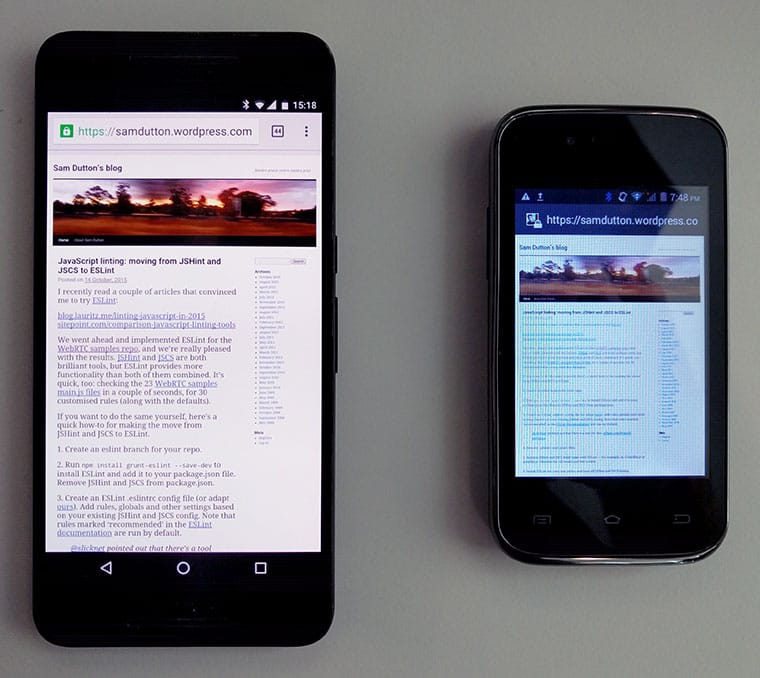 Photo comparing display of blog post on high end and low-cost smartphones