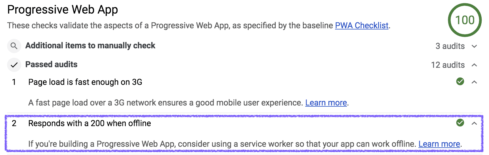 Lighthouse's progressive web app report showing a passing responds with a 200 when offline audit.