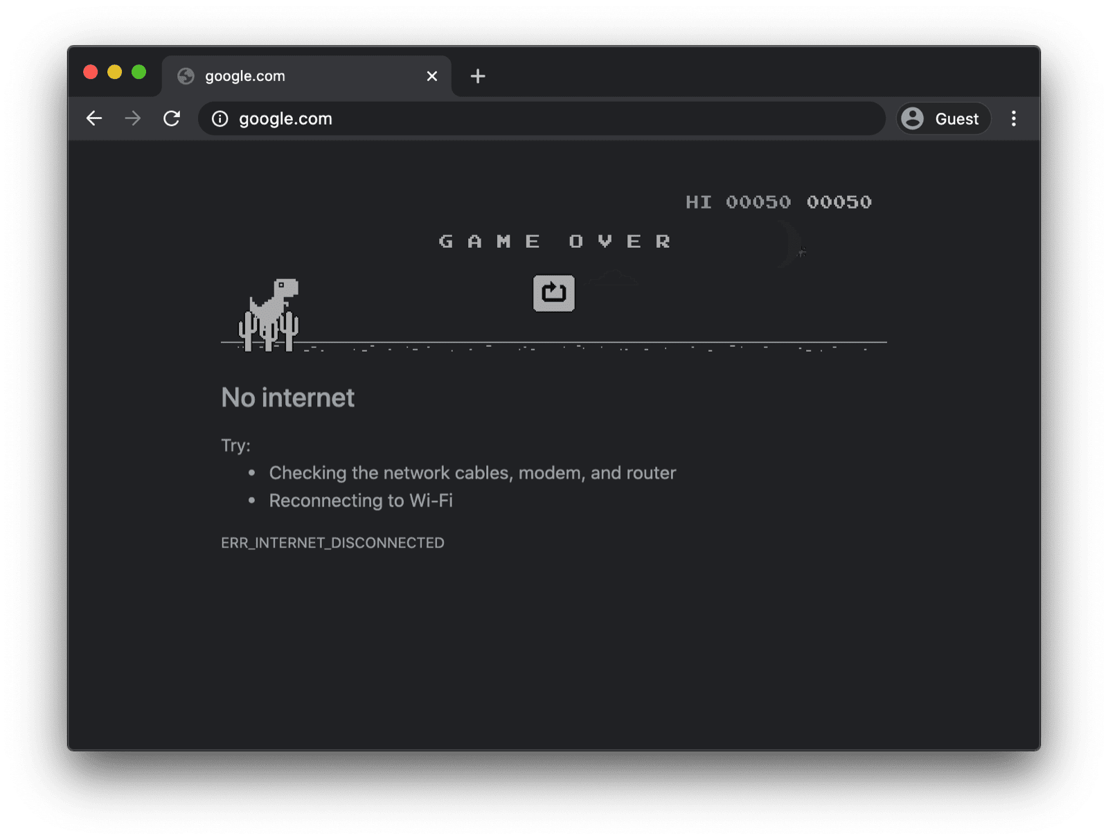 App desktop Google Chrome che mostra il gioco offline del dinosauro.
