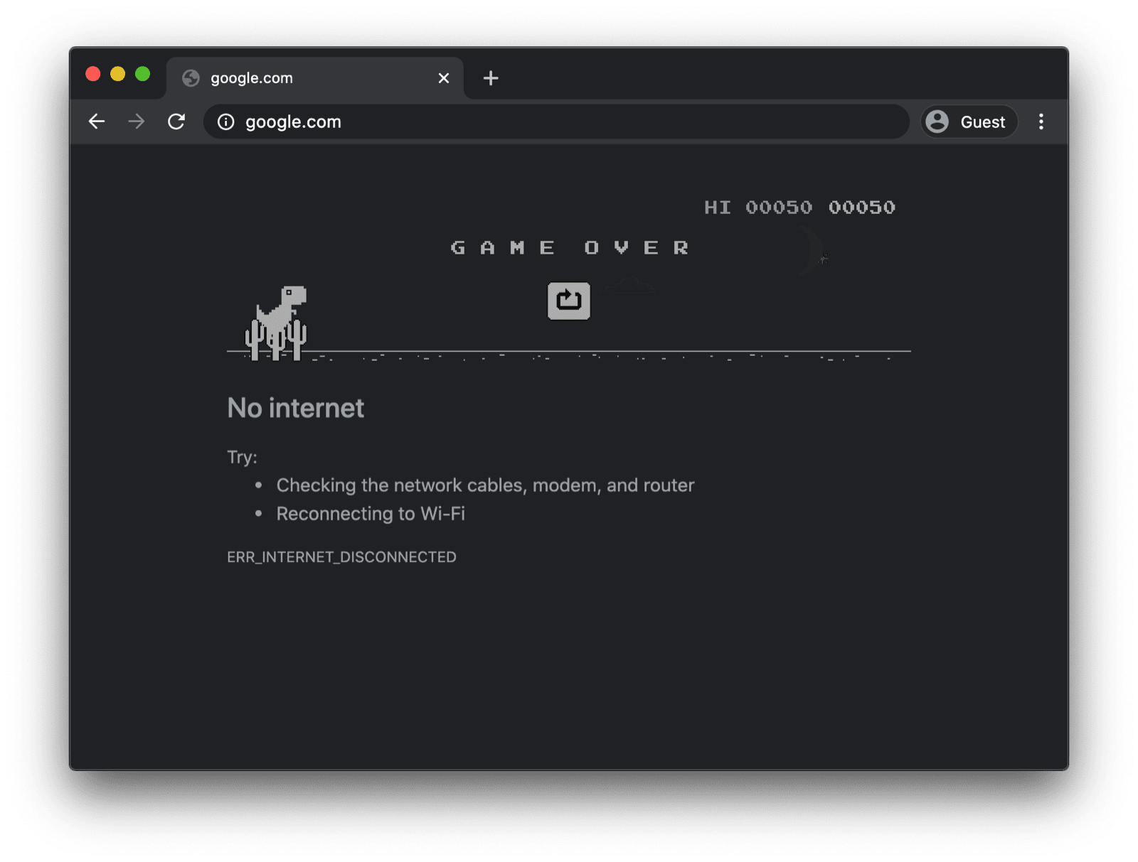 Google Chrome desktop app showing the offline dino game.