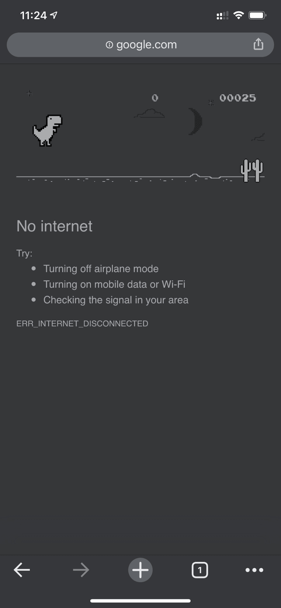 App de Google Chrome para dispositivos móviles en la que se muestra el juego del dinosaurio sin conexión.