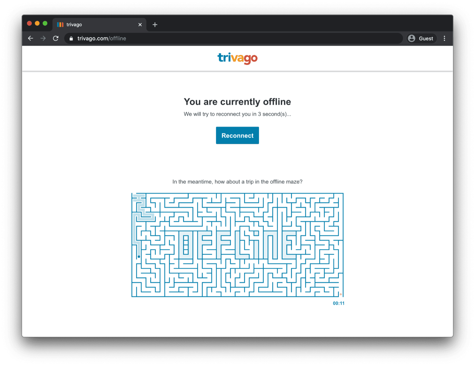 The trivago offline page with the trivago offline maze.